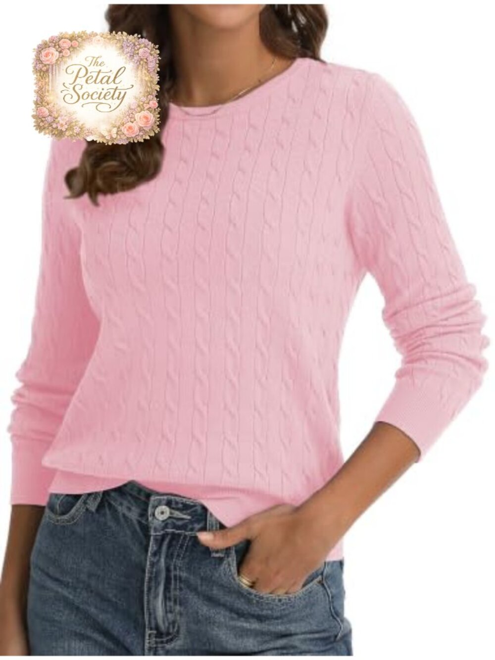 Cable Knit Sweater Women Lightweight Long Sleeve Pullover Crew Neck